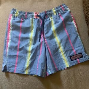 Vineyard Vines Blue Swim Shorts with Pink and Yellow Stripes